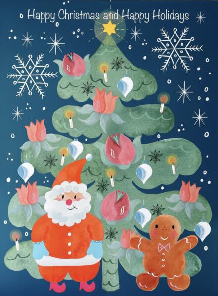 Akvarell med jultomten, julgran och pepparkaksgubbe. 