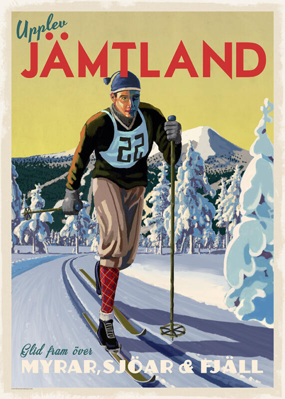 Illustration i retrostil av en skidåkare på längdskidor i Jämtlands fjäll