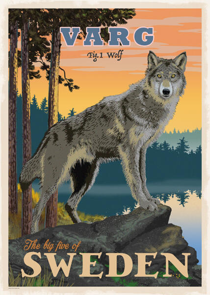 Illustration i retrostil med en varg som står i skogen.
