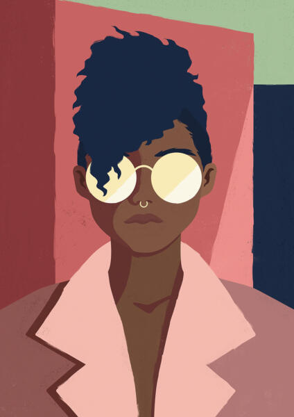 Illustration av mörkhyad kvinna med stora solglasögon