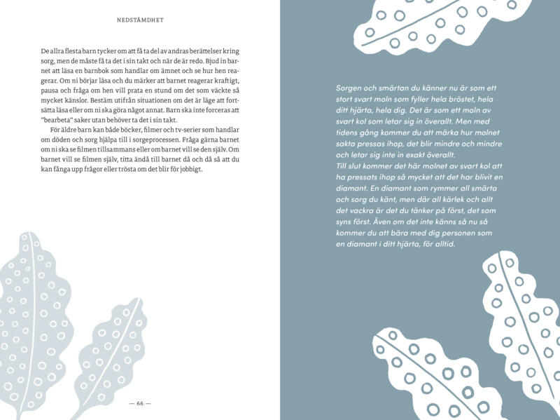 Bokuppslag med stiliserade illustrationer av blad i svagt gråblå nyans. På höger sida ligger en text i vitt mot gråblå bakgrund, omgiven av tre vita blad.
