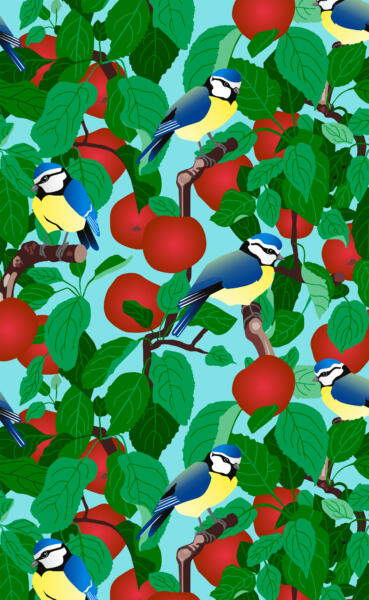 Vektorgrafik med fåglar som sitter i ett träd med äpplen