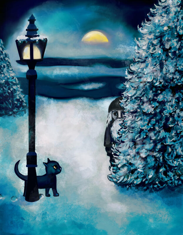 Vinterillustration av tomte och katt. Digital målning av Hedvig Wisselgren.