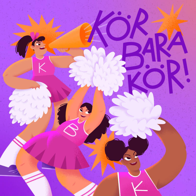 Tre cheerleaders i rosa dräkter och mörkt hår med vita pom-poms och texten "Kör bara kör"