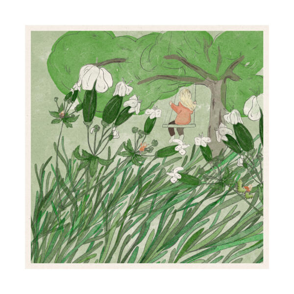 Illustration av flicka som gungar i trädgård. Blöjande grön natur. 