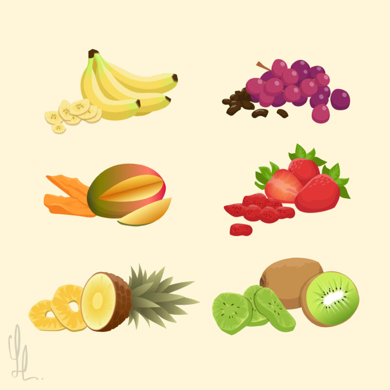 Illustration i vektorformat som visar färsk frukt och hur den ser ut torkad / Vector illustrations of fresh fruits and how it looks when dried. 