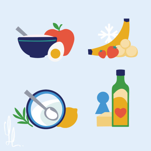 Illustrationer i vektorformat föreställande olika tips till en hälsosam livsstil. Nyttiga mellanmål, glass på frukt, fettsnåla såser och nyttigare fetter. Gör din matlagning nyttigare för en hälsosam viktminskning. 