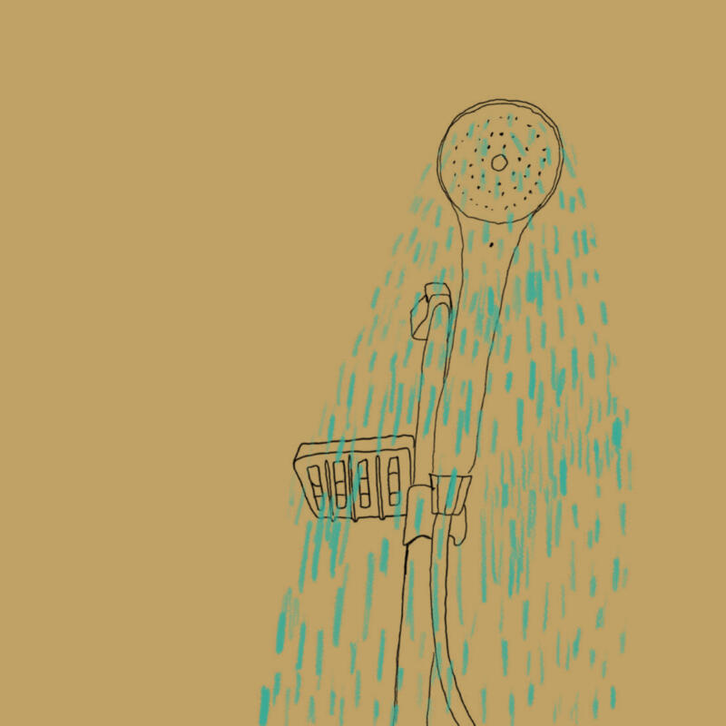 Digital illustration av en dusch som det strilar vatten ifrån