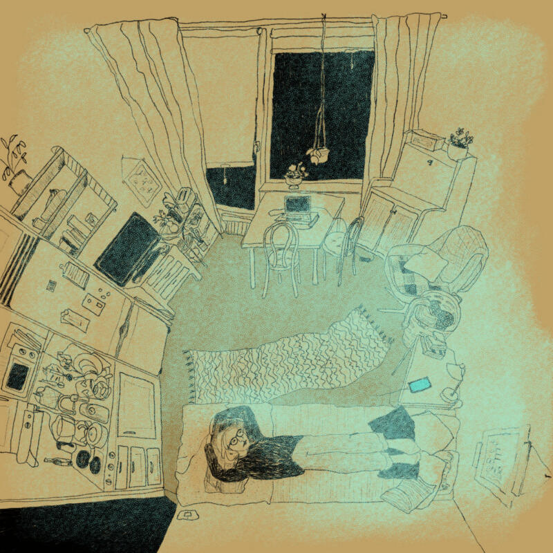 Digital illustration av ett rum ovanifrån 