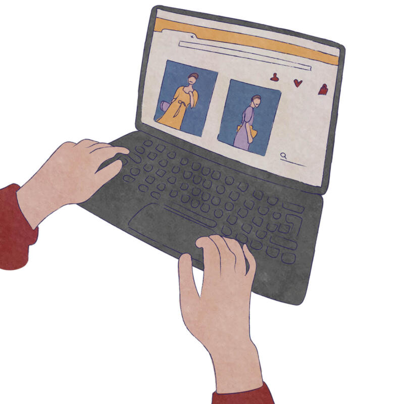 Digital illustration föreställande en person som sitter vid en laptop och tittar på en hemsida med kläder