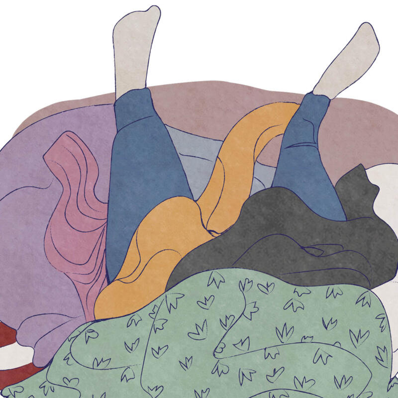 Digital illustration föreställande ett par ben som ligger i en hög av kläder