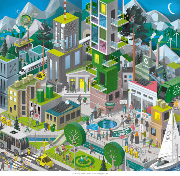 Detaljerad cityscape-illustration i isometriskt perspektiv föreställande en framtida miljömedveten stad. Illustrationen innehåller ett 20-tal detaljerade scener.  illustrerad till visualisering 