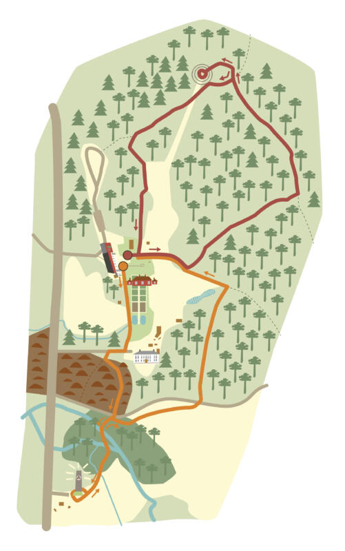 Illustrerad karta över vandringsleder för barn. Byggnader, skog och andra detaljer är illustrerade i en enkel tydlig stil, i milda gröna färger.