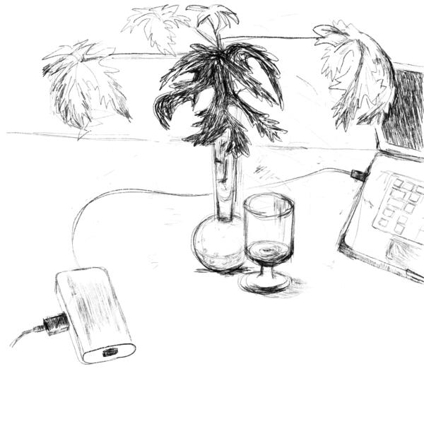 Svart vit teckning på temat att arbeta hemifrån, dator, hub, sladd och växt i glasvas, 