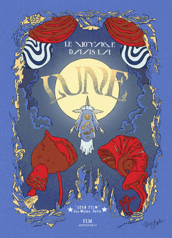 Alternativ affisch för filmen Resan till Månen från 1902. En trollkarl svävar upp mot månen inramad av ett blått och gult månlandskap och röda svampar.