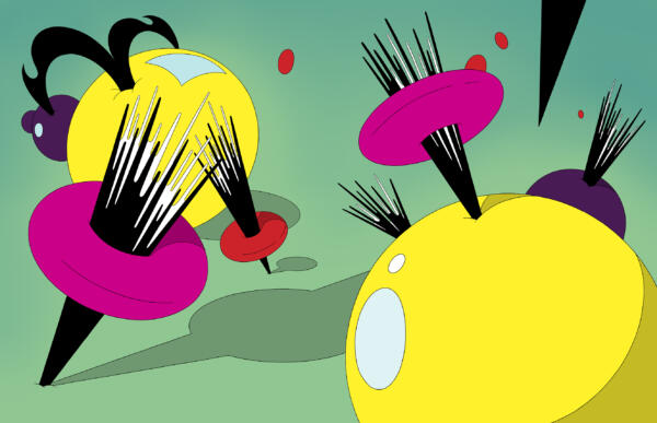 Illustration till inlaga av tidskriften Mana med tema Beröring. Flera gula, rosa och lila mjuka objekt spetsas av vassa objekt mot en grön bakgrund.