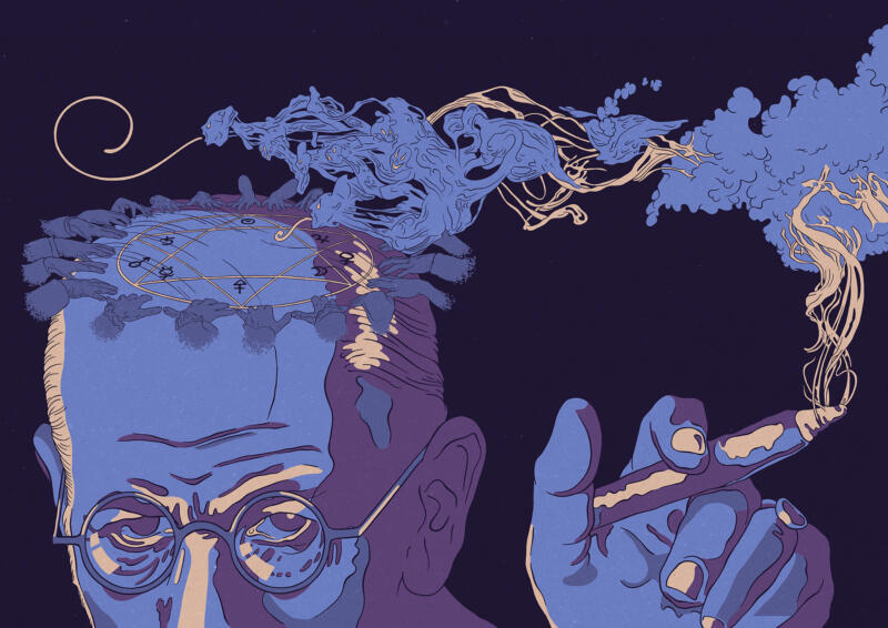 Foto av helsidesillustration I Modern Psykologi. Närbild av Sigmund Freud som röker en cigarr. Röken tar formen av spöklika gestalter som flyger mot en seans som pågår på hans huvud.