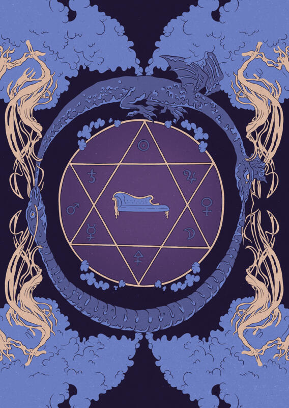 Helsidesillustration till artikel om psykoanalys och ockultism. En divan inuti ett hexagram syns i mitten. Två ormar äter sina svansar runt dem, omgivna av rök.