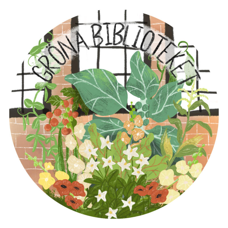 Illustration av växande grönsaksplantor och prydnadsväxter. Längst upp i bilden står ''Gröna biblioteket''