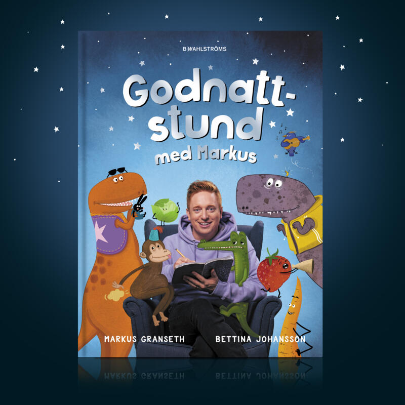 Omslagsbild. Markus Granseth i en fåtölj, omgiven av några karaktärer ur boken. Stjärnhimmel i bakgrunden.