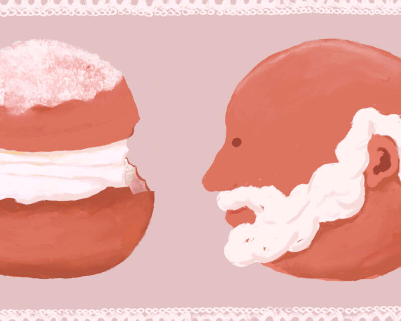 A hand drawn animation of someone eating a cream bun and then becoming the bun.