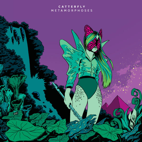 Framsida till skivomslaget till Catterfly: Metamorphoses, som föreställer ett maskerat kvinnoväsen omgiven av växter.