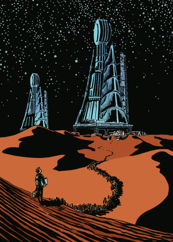 En ung konstnär tittar ut över öknen, där en lång kö väntar på att få stiga ombord på rymdskeppen som ska ta dem upp mot stjärnhimlen.