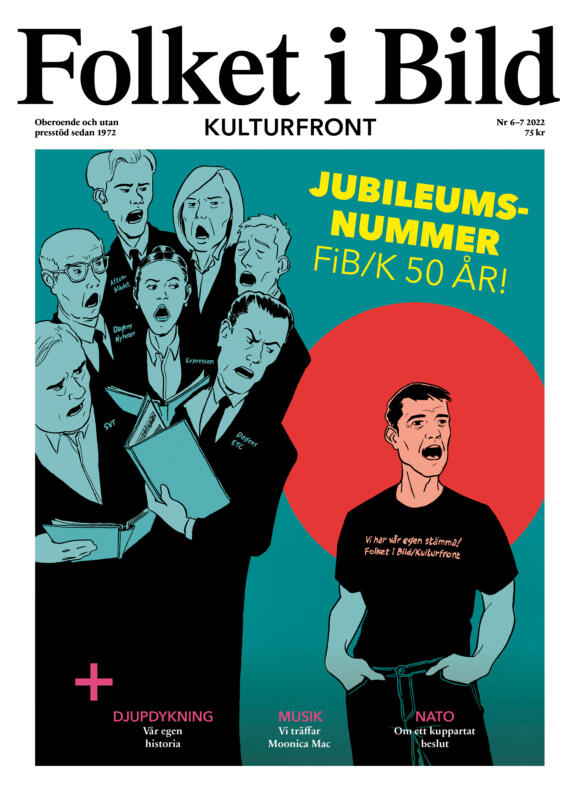 Omslag till tidningen Folket i Bild från Kulturfront, föreställande en ensam man med en egen röst gentemot en kör av andra svenska tidningar.