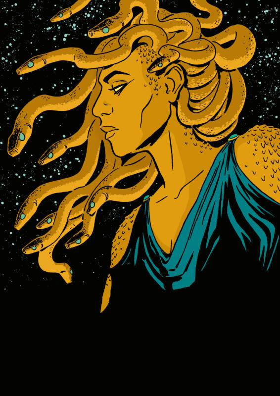Bild utan text av affischen, med medusa eller annan gorgon mot en stjärnhimmel.