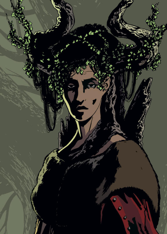 En illustration i porträttformat av ett skogsrå, med trädgrenar till horn och klädd i päls och murgröna.