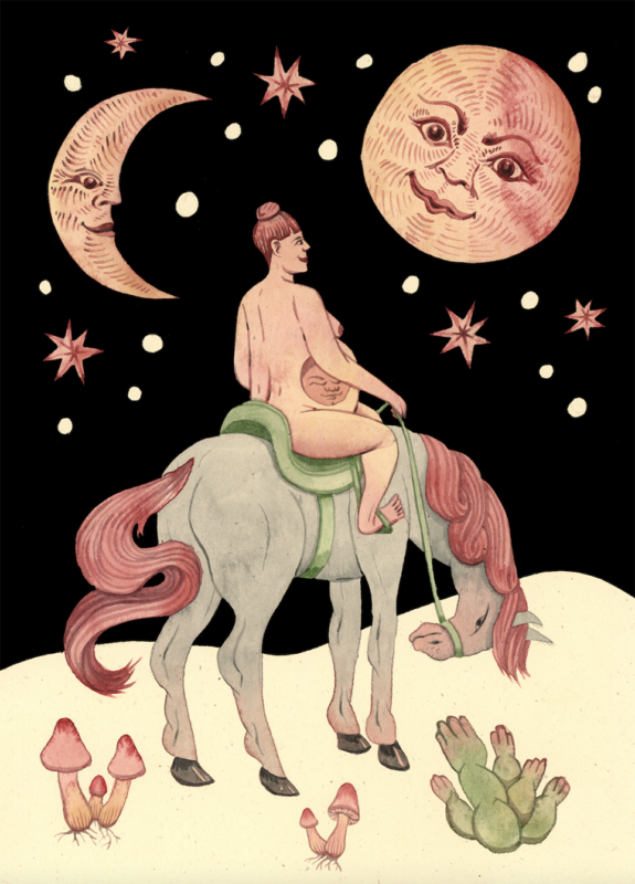 kvinna rider på en häst i öknen, hon tittar upp mot två månar som ler mot henne. Kaktusar växer på marken och en stjärnhimmel gnistrar över henne huvud.