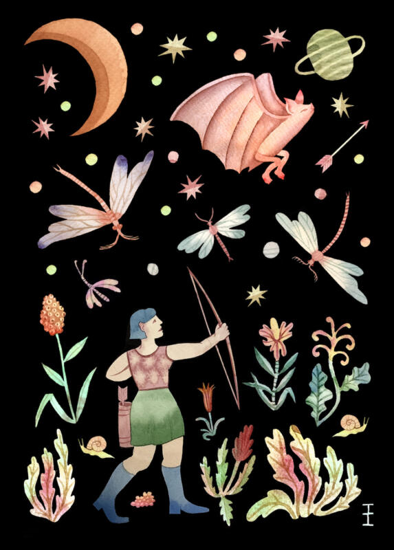 kvinna håller en pilbåge och skjuter en pil upp mot stjärnhimmeln, månen lyser ner på henne där hon står bland växter och insekter och tittar upp.