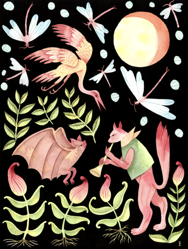 En akvarellteckning av en räv som går en promenad i nattmörkret medan han spelar trumpet. Han har en grön väst på och en fladdermus flyger i luften framför honom. En trana flyger ovanför dem, och i den stjärnklara natthimlen lyser fullmånen.