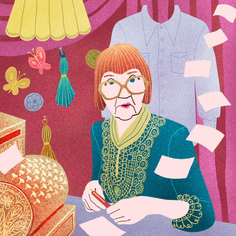 Illustration av en äldre kvinna med rött hår och stora glasögon som sitter i en butik och skriver lappar.