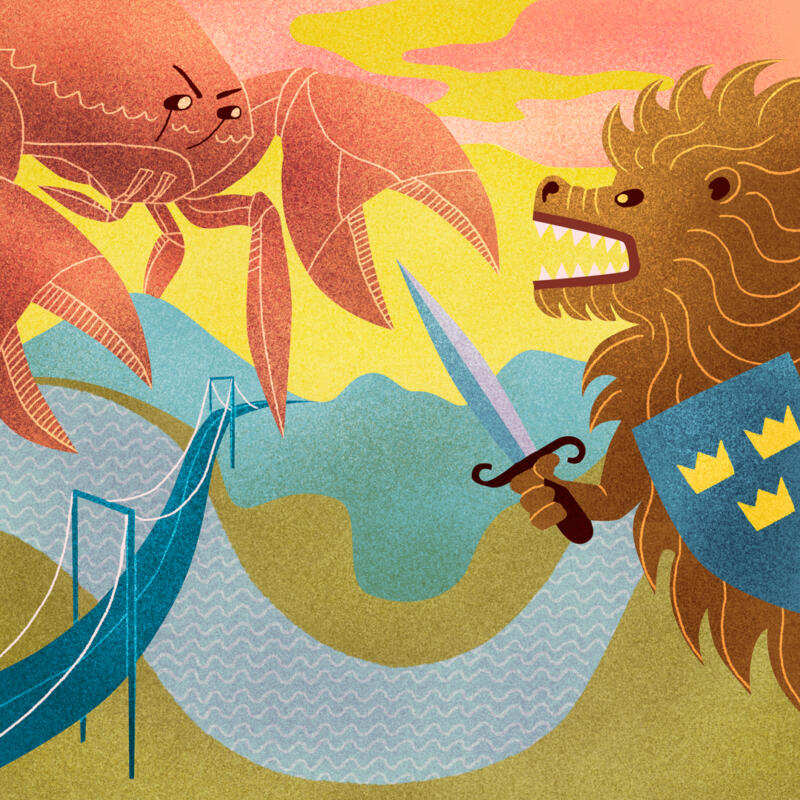 Illustration där en gigantisk krabba och ett lejon med sköld strider mot varandra.
