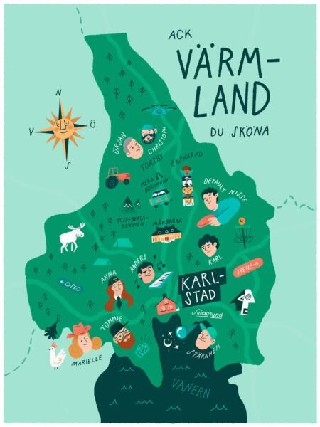 En illustrerad karta i gröna färger som föreställer Värmland och innehåller landmärken och porträtt