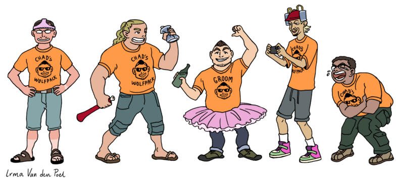 Karaktärsdesign till en serietidning bestående av fem män som har en svensexa.