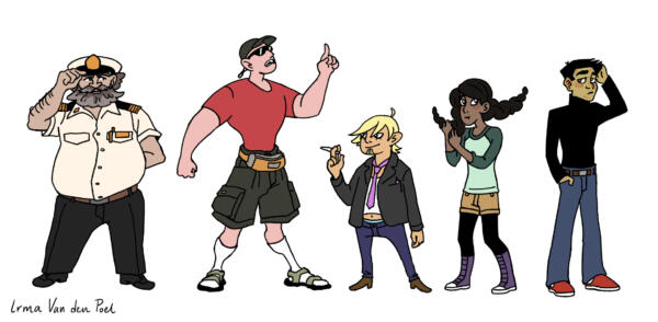 Karaktärsdesign till en serietidning bestående av en sjökapten, en pappa, en kille som röker, en tjej med stora flätor, och en kille med finnar.
