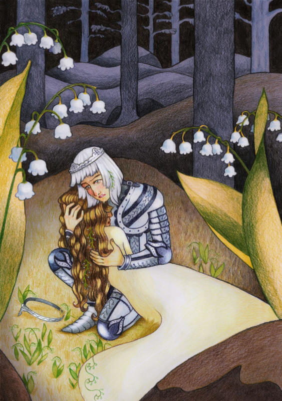 Illustration gjord med färgpennor föreställande en prins i rustning som håller en prinsessa i sin famn.