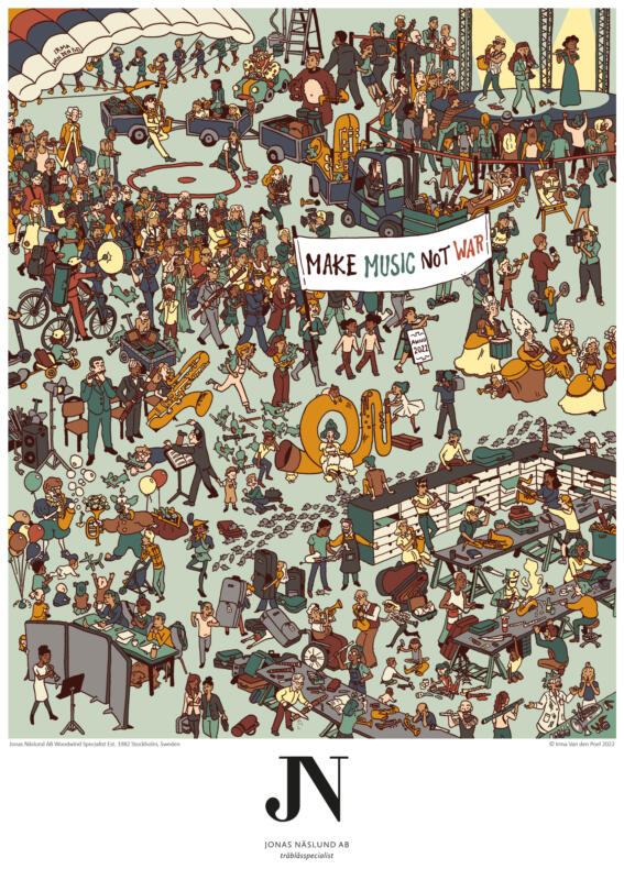 Affisch med en folkmängd bestående av musiker som spelar blåsinstrument.