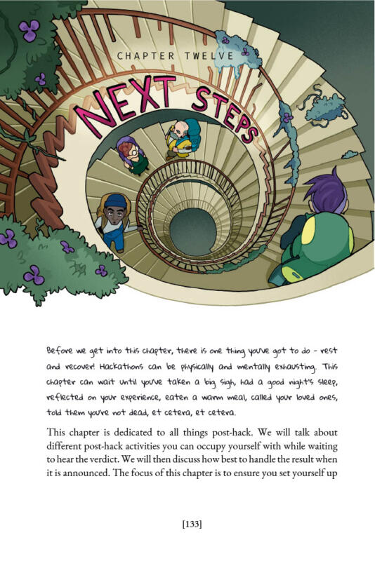 Illustration till nytt kapitel i en bok föreställande fyra karaktärer i en post apokalyptisk miljö som går upp i en spiraltrappa.