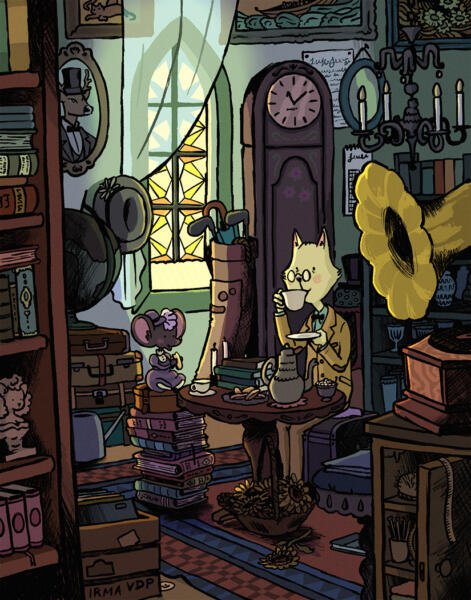 Illustration av en antikaffär med en katt och en mus som dricker te.