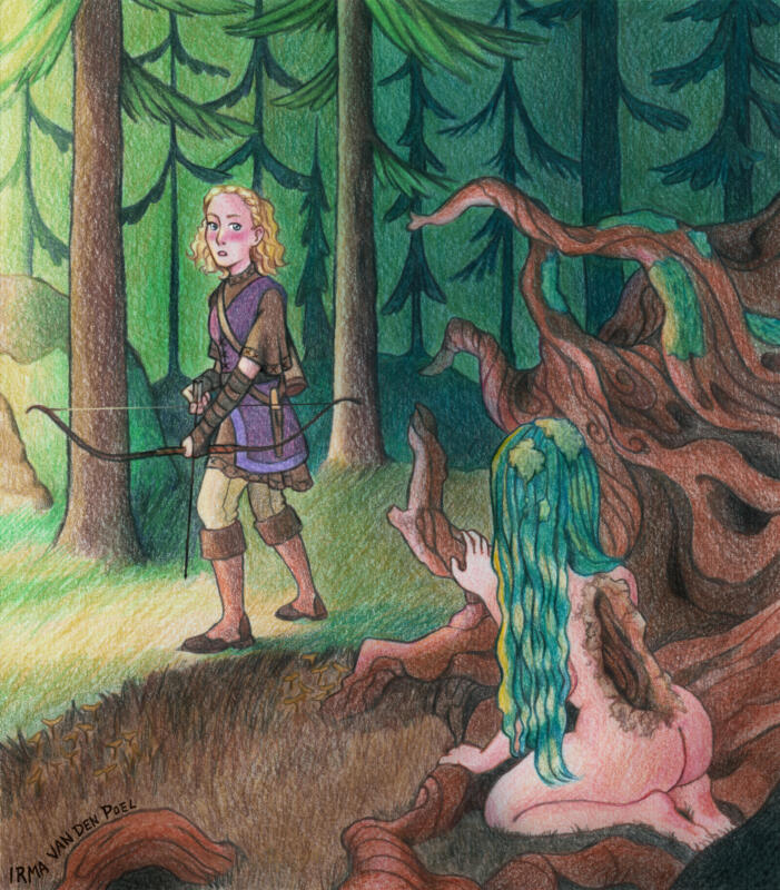 Illustration gjord med färgpennor föreställande en jägare och ett skogsrå i en skog.