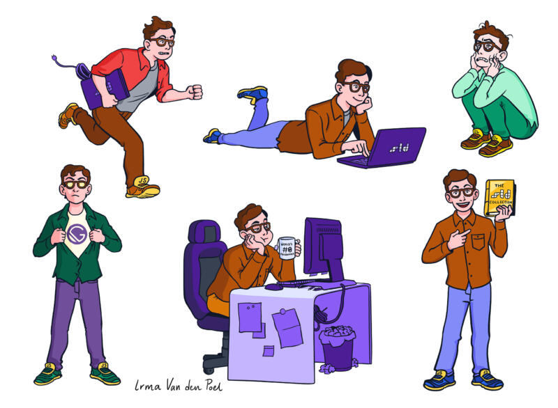 Karaktärsdesign av en man med brunt hår som jobbar som programmerare.