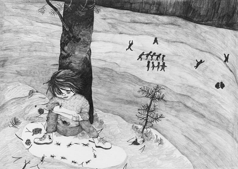 Illustrerat uppslag i boken Mitt fönster mot rymden. En svartvit detaljerad blyertsteckning som visar ett barn som sitter ensam med ryggen lutad mot en tall och på nära håll studerar myror. I bakgrunden leker andra barn tillsammans.