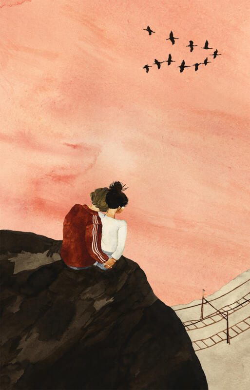 Melankolisk, romantisk illustration i akvarell av två ungdomar som sitter tillsammans och tittar på rosa himmel.