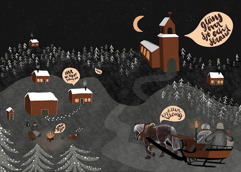 Vinterlandskap i juletid förr i tiden i Sverige . Häst och vagn åker längs en väg till kyrkan. Granar och röda stugor. Illustration till tidningsuppslag med tema ljud.  