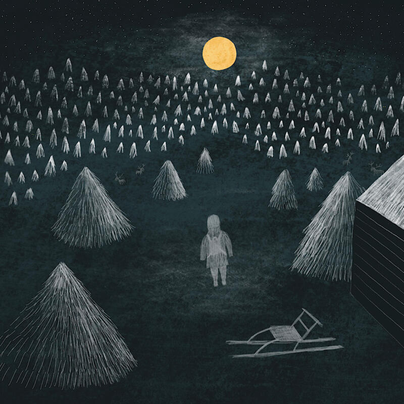Samisk flicka står i mörk skog på vintern. Månen skiner. Illustration till barnboken Stina på rymmen