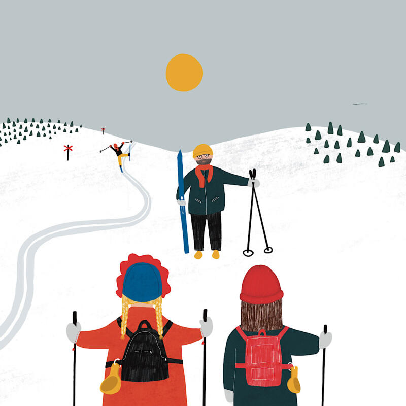 Två barn står med skidor i skidspåret. Illustrerad bild till barnboken Stina på rymmen