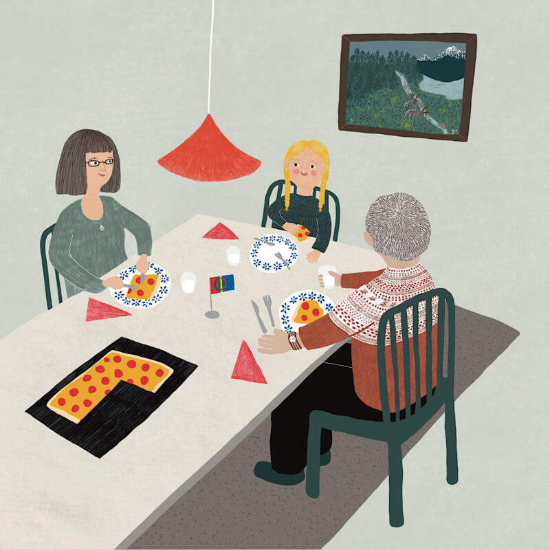 Samisk familj äter middag runt köksbordet. Illustration till barnboken Stina på rymmen. 